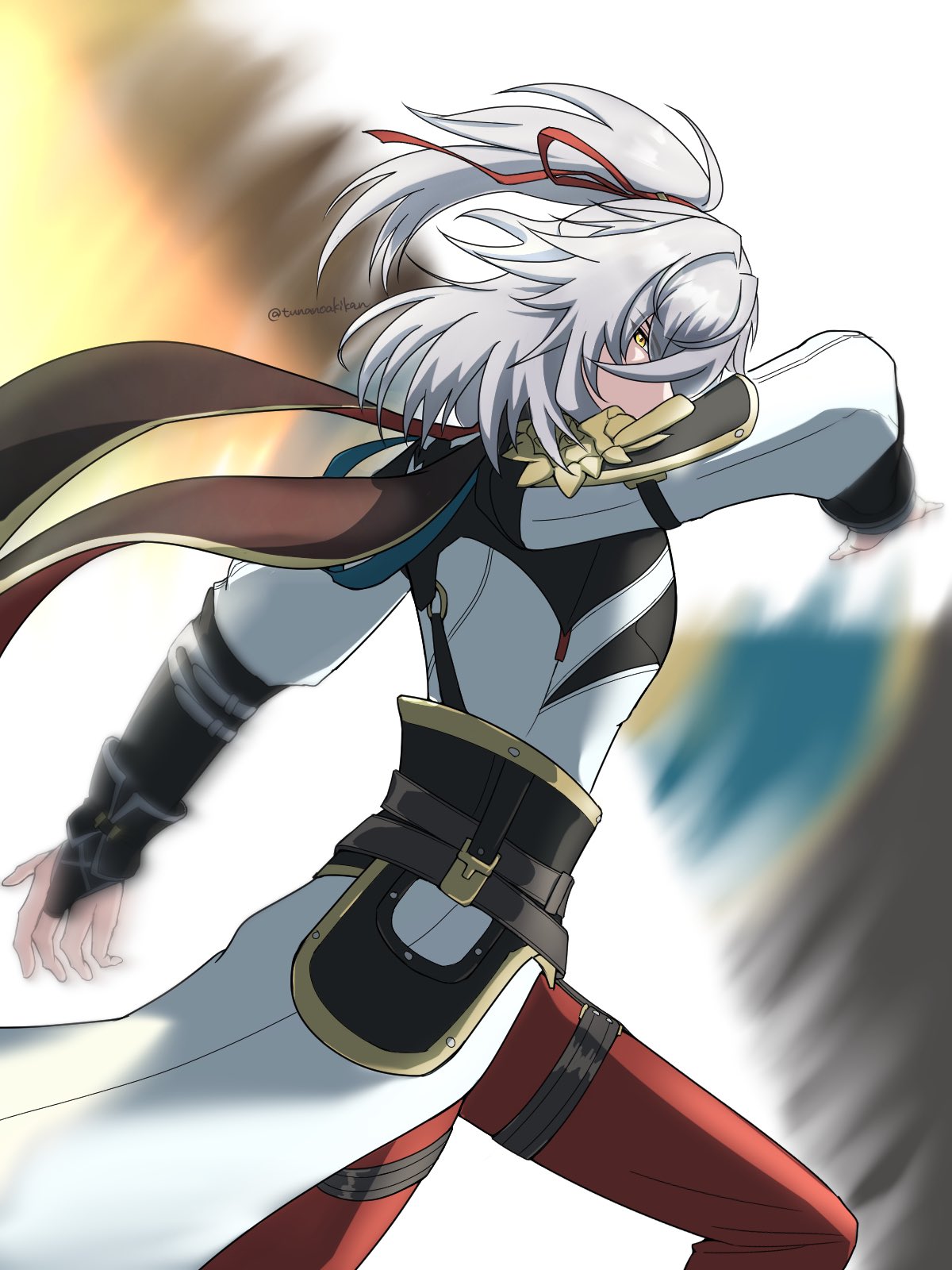 a digital art drawing of an anime girl warrior with white hair and red clothing. she is holding a sword and her pose suggests that she is in the middle of a fight.