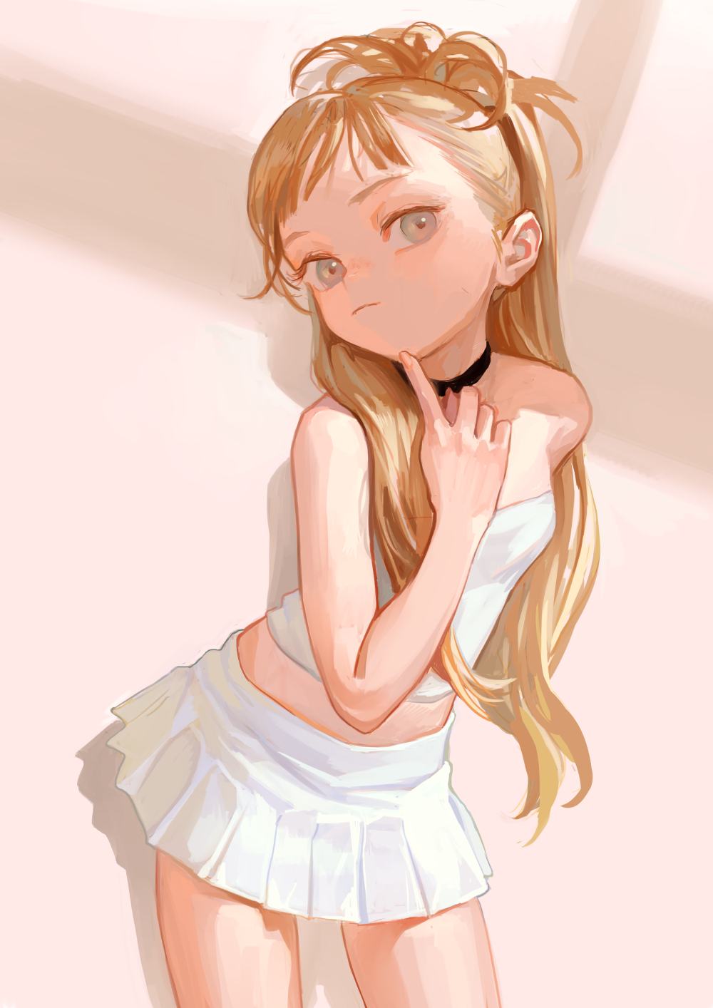 the image depicts an animestyle drawing of a girl with blonde hair styled in a ponytail with some loose strands. she is wearing a white tube top and a matching mini skirt. her right hand is raised with her index finger touching her chin in a thoughtful pose. she also has a black choker on her neck. the background is a light pink with subtle shadows, adding depth to the illustration.
