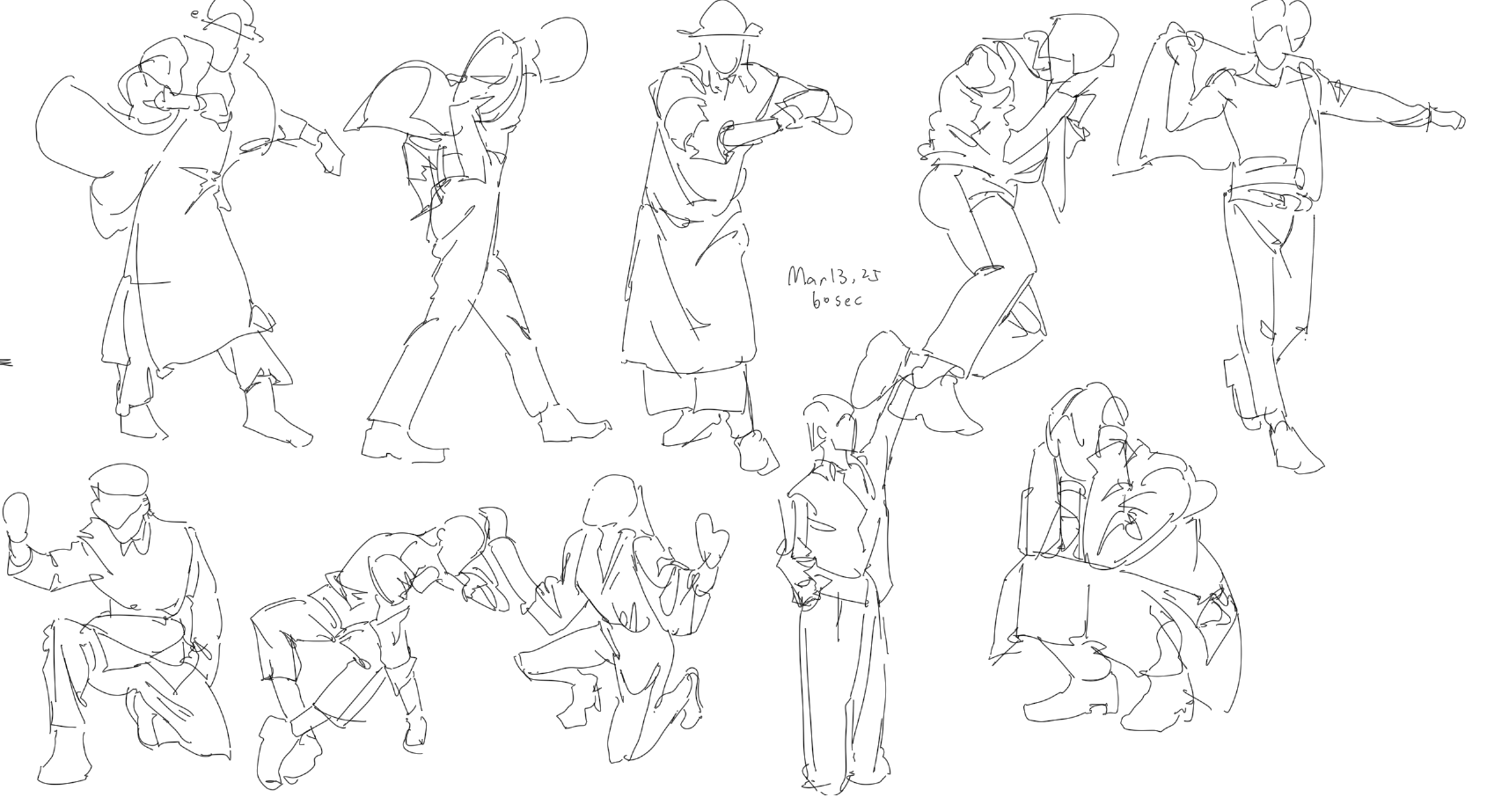 the image shows a collection of quick figure sketches done in line art. the figures are in various poses, including standing, walking, kneeling, crouching, and gesturing. they appear to be wearing different types of clothing. the sketches are simple and emphasize capturing the essence of the pose. there is a note that reads "mar 13, 23 60 sec".