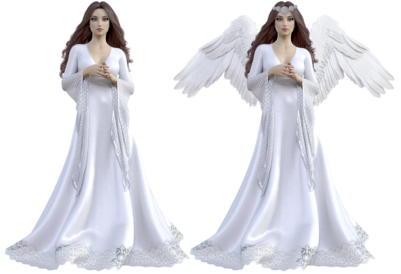 the image features two renderings of a woman in a white gown, depicted as an angel. one rendering shows her without wings and a simple dress, while the other shows her with large white wings and a decorative tiara. both figures are fairskinned with long brown hair, their hands clasped gently in front of them. the gown is floorlength with long sleeves and a decorative lace trim at the hem. the background is solid black, isolating the figures and emphasizing their ethereal appearance. the overall impression is one of serene beauty and angelic grace, likely a work of digital art.