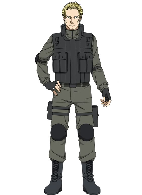 an anime character is shown from the waist up. the character is a blonde male soldier wearing a tactical vest and boots. he is holding a gun in his right hand.