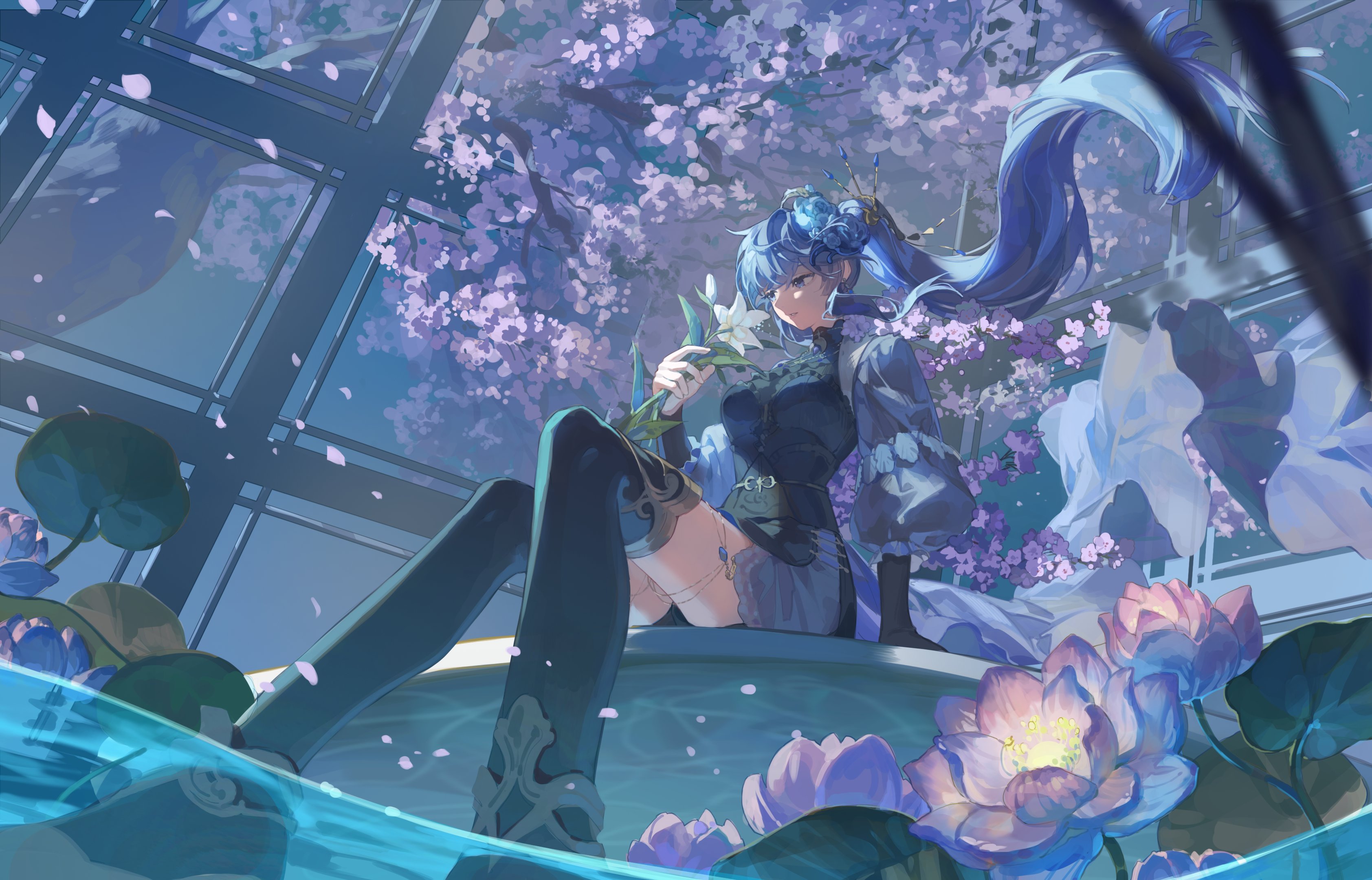the image depicts a young anime girl with long, flowing blue hair sitting gracefully in a pond filled with lotus flowers. she's elegantly dressed in a longsleeved, traditionalstyle outfit, accented with ornate details and jewelry. the setting is tranquil and serene, with soft pastel colors of blues, purples, and pinks dominating the scene.  cherry blossoms and lotus flowers frame her, creating a whimsical, almost ethereal atmosphere. the overall style is highly detailed and painterly, capturing the softness and beauty of the scene.  the water appears clear and calm, mirroring the girl's peaceful demeanor.