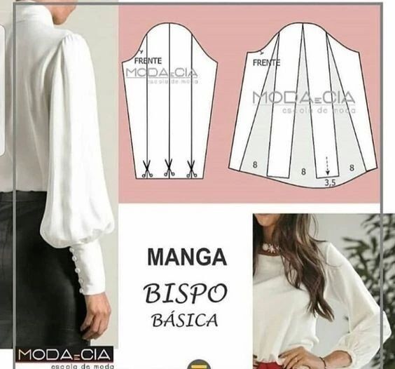 the image contains a sewing pattern for a bishop sleeve (manga bispo básica). there's a visual of the finished sleeve and two pattern pieces with instructions. the pattern pieces are labeled with "frente" and include measurements (8, 3.5). the text "manga bispo básica" is prominently displayed. the logo "moda cia" is present, along with images of blouses with bishop sleeves.