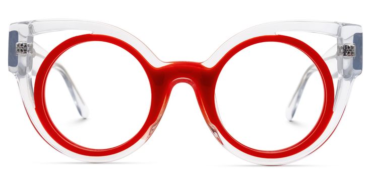 a pair of round eyeglasses with a clear frame and a red inner rim is displayed against a white background. the eyeglasses have clear nose pads and clear arms. the temples have a blue accent at the hinges.