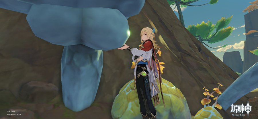 a screenshot from the game genshin impact shows the character alhaitham standing on a mushroom platform and reaching out to touch a large, glowing blue mushroom. the background shows a lush forest environment.