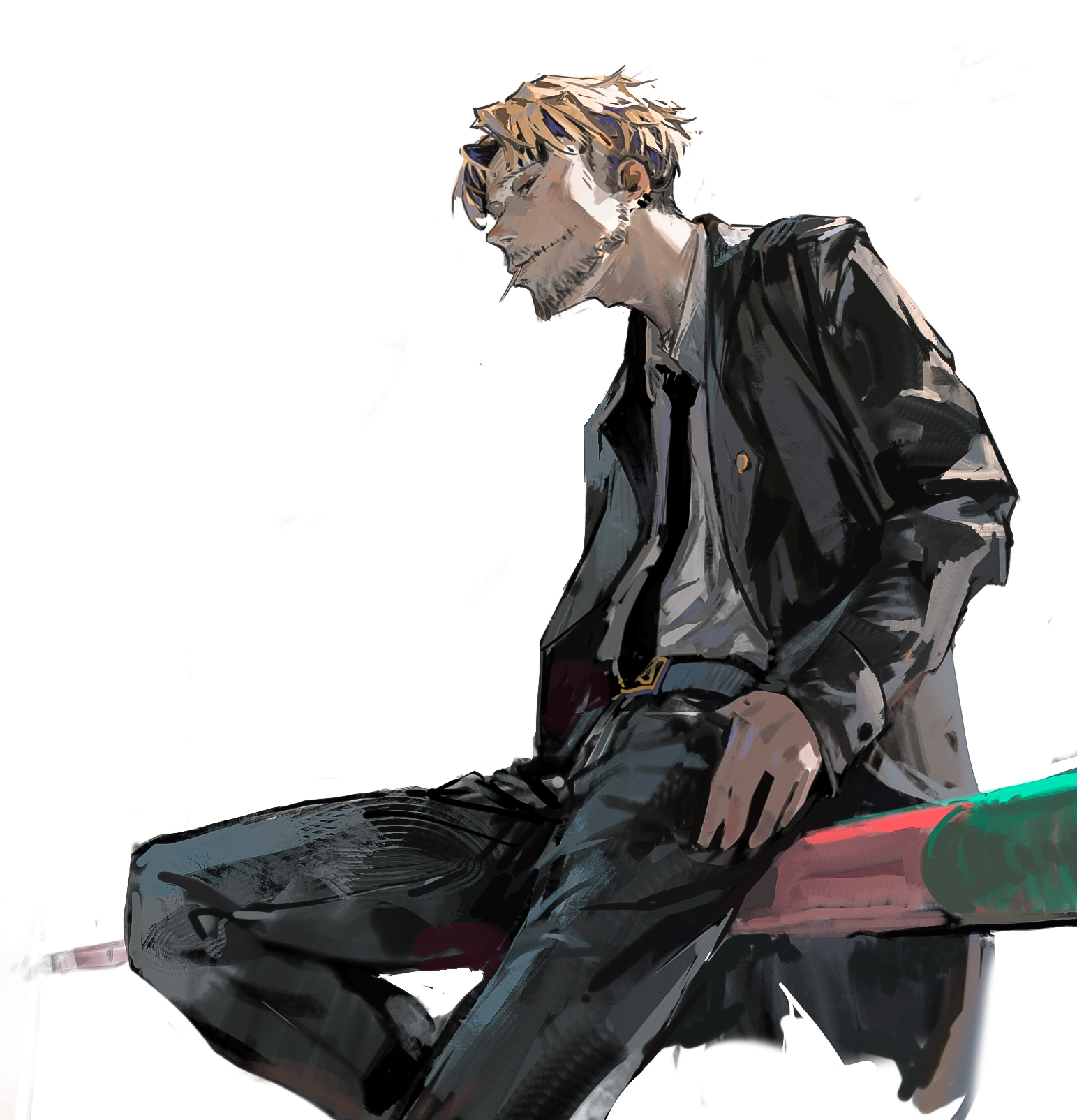 an illustration of a young man with blonde hair sitting on a railing with his legs crossed. he is wearing a black leather jacket, a white shirt, a black tie, and black pants. the man is looking down and appears to be smoking a cigarette. he has stubble and is wearing an earring in his left ear. the illustration is drawn in a digital style with a focus on realism and detail. the background is simple and white, allowing the character to stand out. the illustration portrays a sense of coolness and edginess, with the man's appearance and pose suggesting a confident and somewhat rebellious personality.