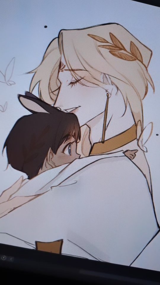 he image is a digital drawing or painting of an animestyle couple.  a taller, blondhaired character with a laurel wreath in their hair is gently embracing a shorter character with brown hair and bunny ears. the style is soft and romantic, with pastel colors and gentle lines. the focus is on the affection between the two characters. the art is likely fanart, given the style and the apparent emotional intimacy depicted. the overall mood is serene and peaceful.