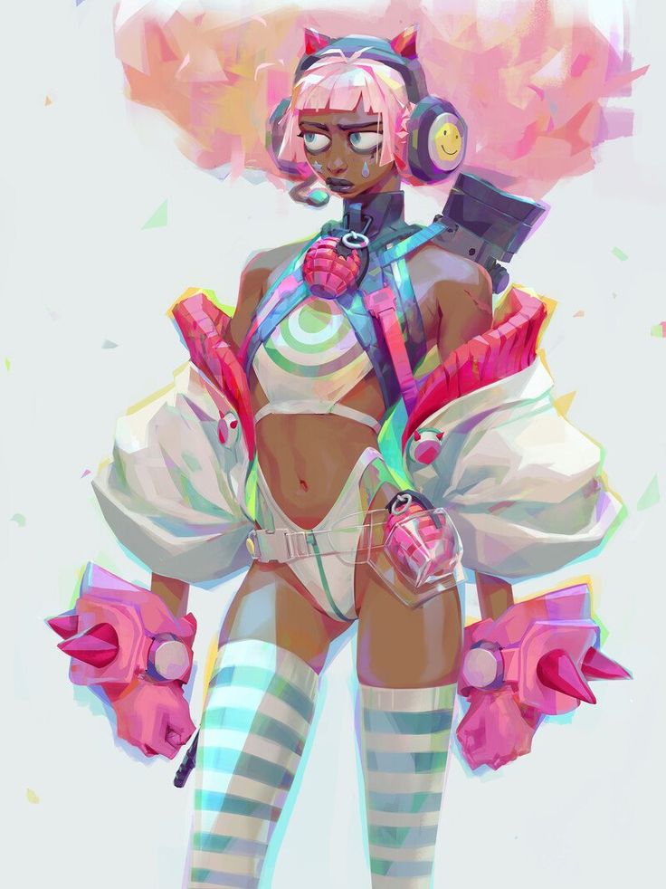 a digital drawing of an anime girl with pink hair, black skin, and a white outfit with green and red accents. she's wearing headphones with a smiley face on them and holding a weapon in her right hand. the background is light blue with some pink and green accents.