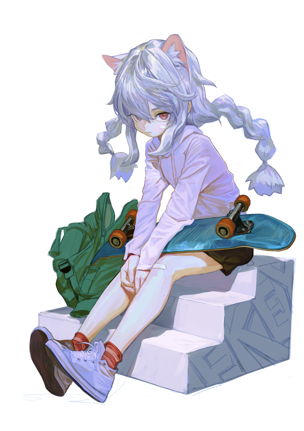 an anime girl with white hair and cat ears is sitting on a set of white stairs. she has a skateboard resting on her lap and a green backpack next to her. she is wearing a pink hoodie, black shorts, white sneakers, and red socks. a bandaid is on her knee. she has long white braids and red eyes.