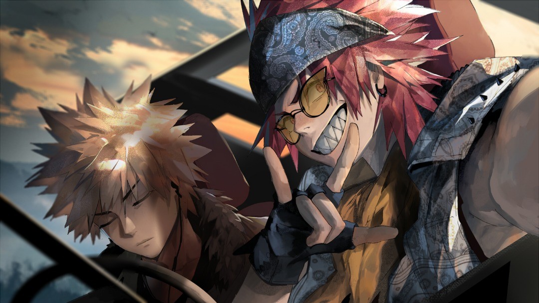 the image is a digital fanart depicting bakugo katsuki and kirishima eijiro from my hero academia. they are styled in casual clothing; bakugo is wearing a bandana and sunglasses, while kirishima appears more relaxed.  the setting appears to be a car during a road trip, with a sunset visible in the background.  kirishima has a calm expression, while bakugo makes a peace sign with a playful expression. the art style is reminiscent of anime and manga, with detailed shading and coloring. the overall mood is cheerful and suggests a strong friendship between the two characters.