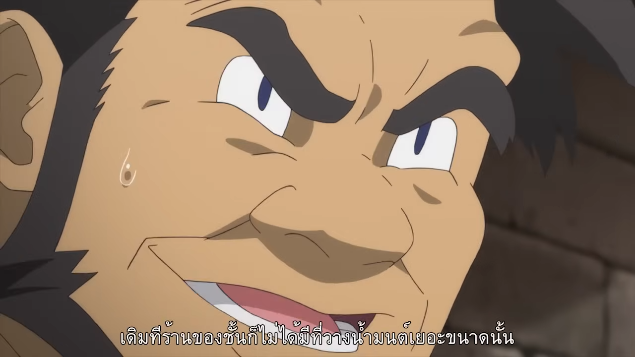 this is a close up image of a man’s face from an anime series. he has short black hair, thick black eyebrows, and is sweating. he appears nervous or anxious about something. there is some text in the bottom left corner in a foreign language.