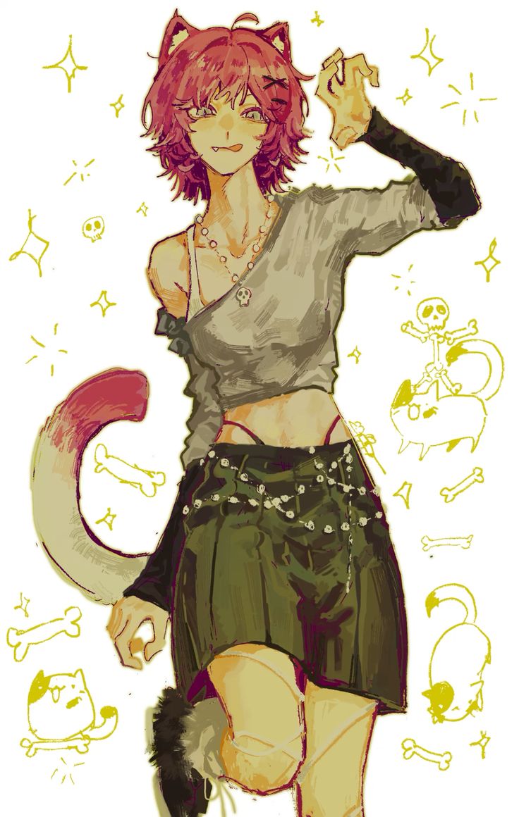 the image is a digital drawing or illustration of a stylized anime catgirl.  she has short, pink hair, cat ears, and a long, partially visible cat tail. she's dressed in punk/gothinspired clothing, including a gray crop top, a dark green pleated skirt, and numerous studded accessories around her waist.  her expression is slightly mischievous or playful. the background features whimsical elements like bones, skulls, and small cartoon cats, all drawn in a bright yellow color, contrasting with the warmer tones of the character. the overall style is cartoonish and expressive, mixing cute and edgy elements.