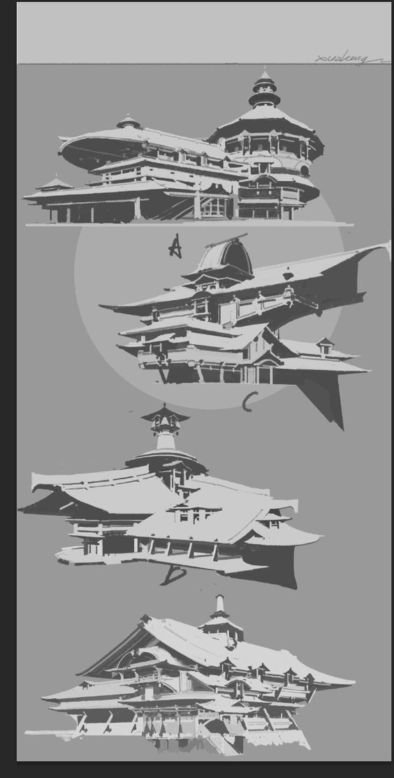this image presents four different grayscale sketches of japanesestyle pagoda. each sketch shows the building from a slightly different angle and with varying levels of detail.  the artist has used light and shadow to create a sense of depth and volume in the sketches.  the use of perspective makes the pagodas appear to recede into the distance.