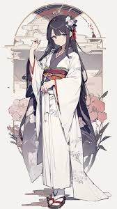 the illustration features a young woman with long, dark hair styled with a floral ornament.  she is wearing an elegant, flowing white kimono with subtle patterns and a red obi. she is posed gracefully against a decorative archway adorned with faint nature imagery, possibly clouds and mountains. soft pink flowers peek out from behind her. the overall style is reminiscent of anime and manga, with delicate linework and a soft color palette.