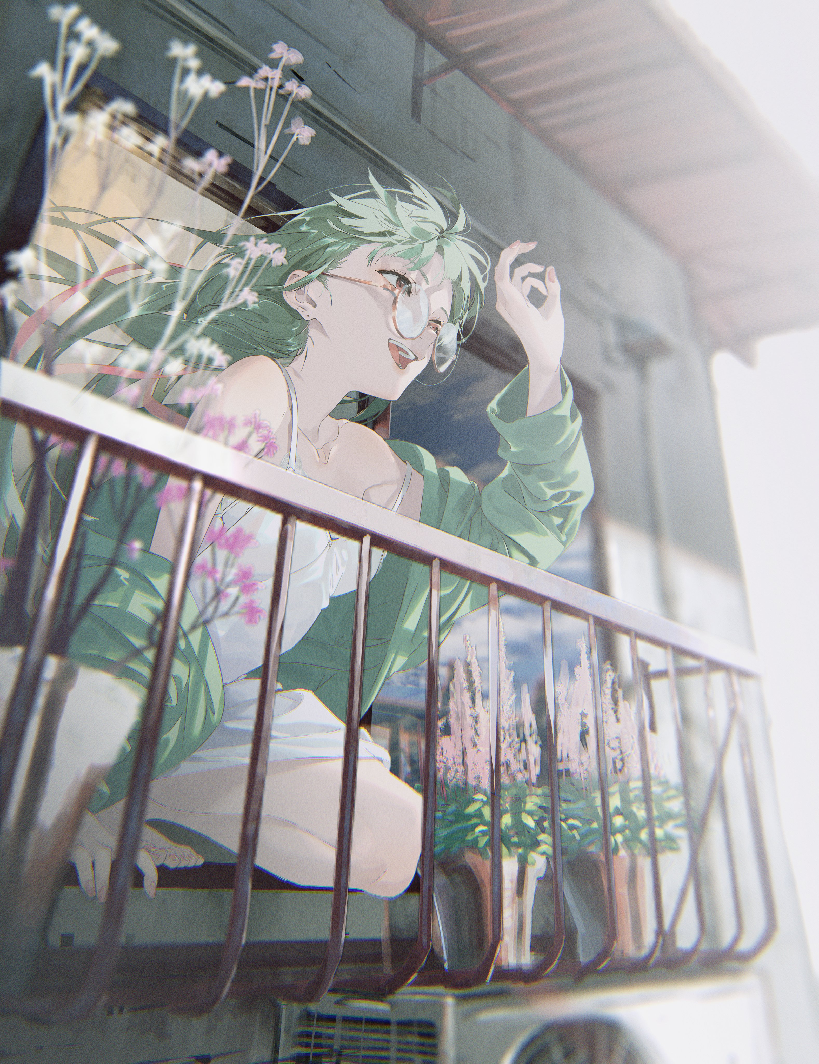 a young anime girl with long green hair is sitting on a balcony, smiling and looking up. she is wearing a white dress and a green jacket and has glasses on. there are flowers and plants growing around her and a window behind her. the image is bright and colorful, with a soft focus.