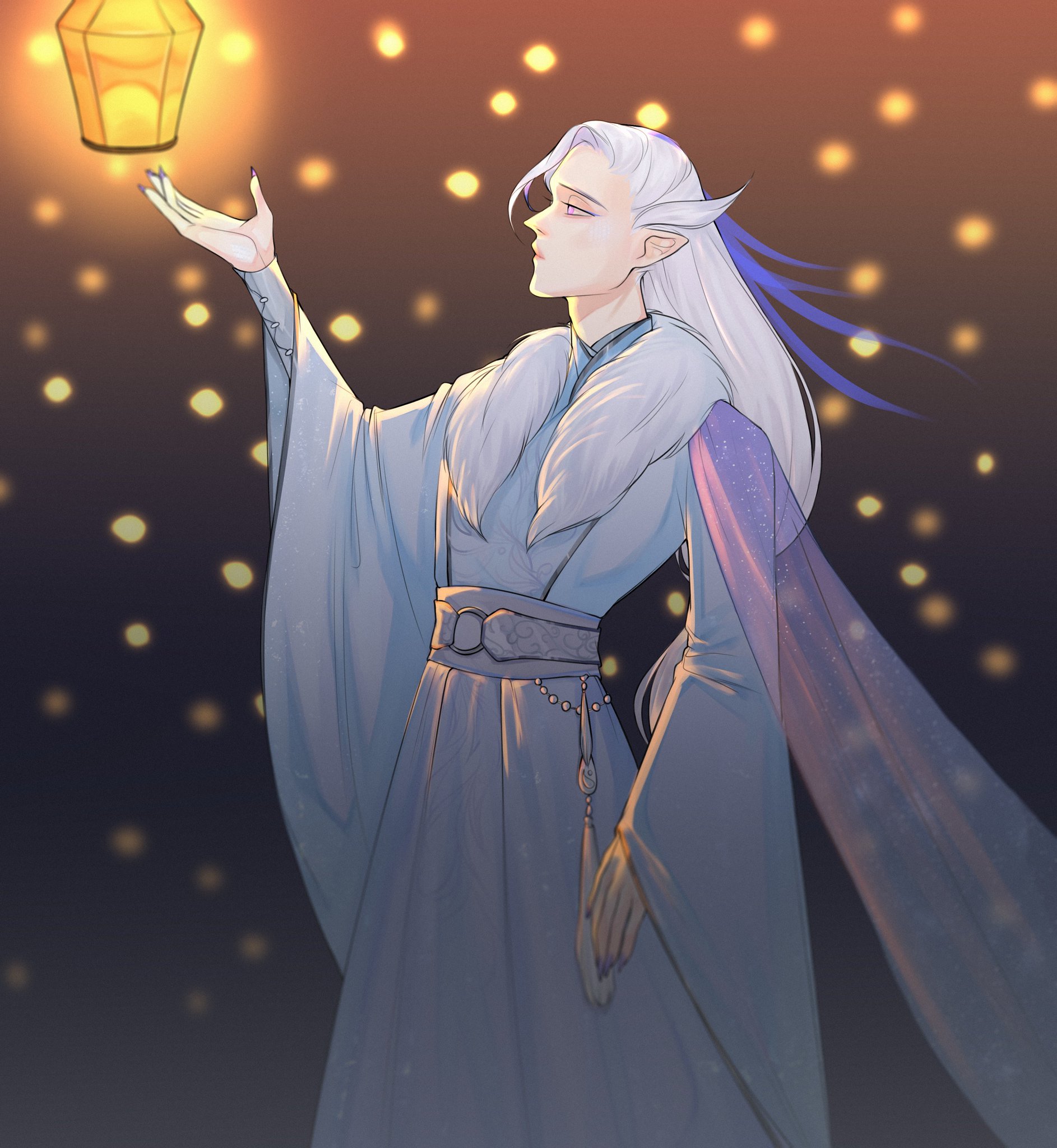 a whitehaired anime man, dressed in a flowing blue and purple robe, looks up at a glowing lantern as it floats away. he has pointed ears and looks like an elf.  many small, floating lights surround him in the night sky.  a magical glow emanates from the lantern, and the man.