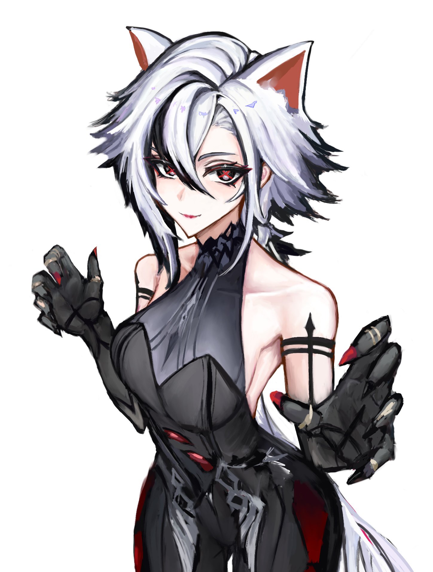 this is a digital illustration of a young woman with white hair and cat ears. she is wearing a black dress with gloves and claws. she has red eyes and a tattoo on her arm. she is standing in front of a white background.