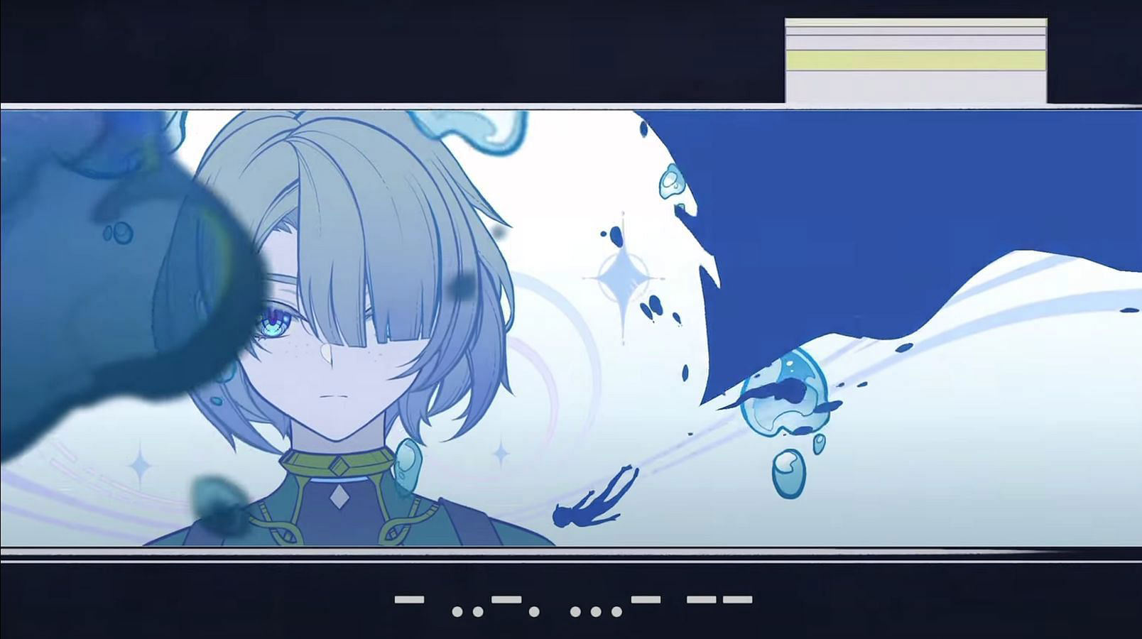 this image is a screenshot of an anime video. the image features a young woman with blonde hair with the majority of her hair covering her right eye. she is looking at the viewer with a sad expression. the background of the image is a white and blue abstract pattern with many blue droplets and a black silhouette in the upper right corner. there is a thin white outline along the top of the image which appears to be a part of the video interface.