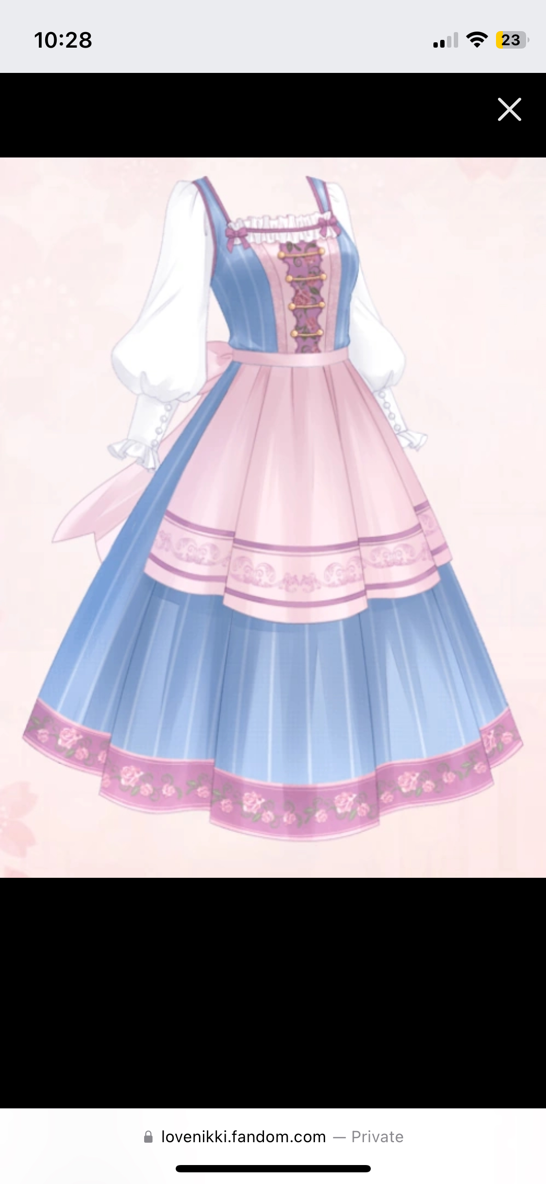 a blue dress with pink accents. the dress is a dirndlstyle garment, with a fitted bodice and a full skirt. the bodice is blue with a white collar and sleeves, and the skirt is blue with pink trim and embroidery. a pink apron with pink bows and embroidery covers the lower part of the skirt. the dress is shown on a white background.