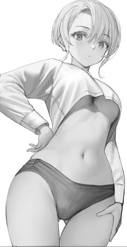 he image is a grayscale drawing of an animestyle girl. she has short, lightcolored hair styled in a bob. she's wearing a cropped white shirt and darkcolored athletic shorts, revealing her midriff and upper thighs. her pose is confident, with one hand on her hip and the other resting near her lower body. the drawing style is realistic, with detailed shading and attention to anatomy. the overall mood is suggestive but not overtly sexual. the background is plain white, focusing all attention on the figure.