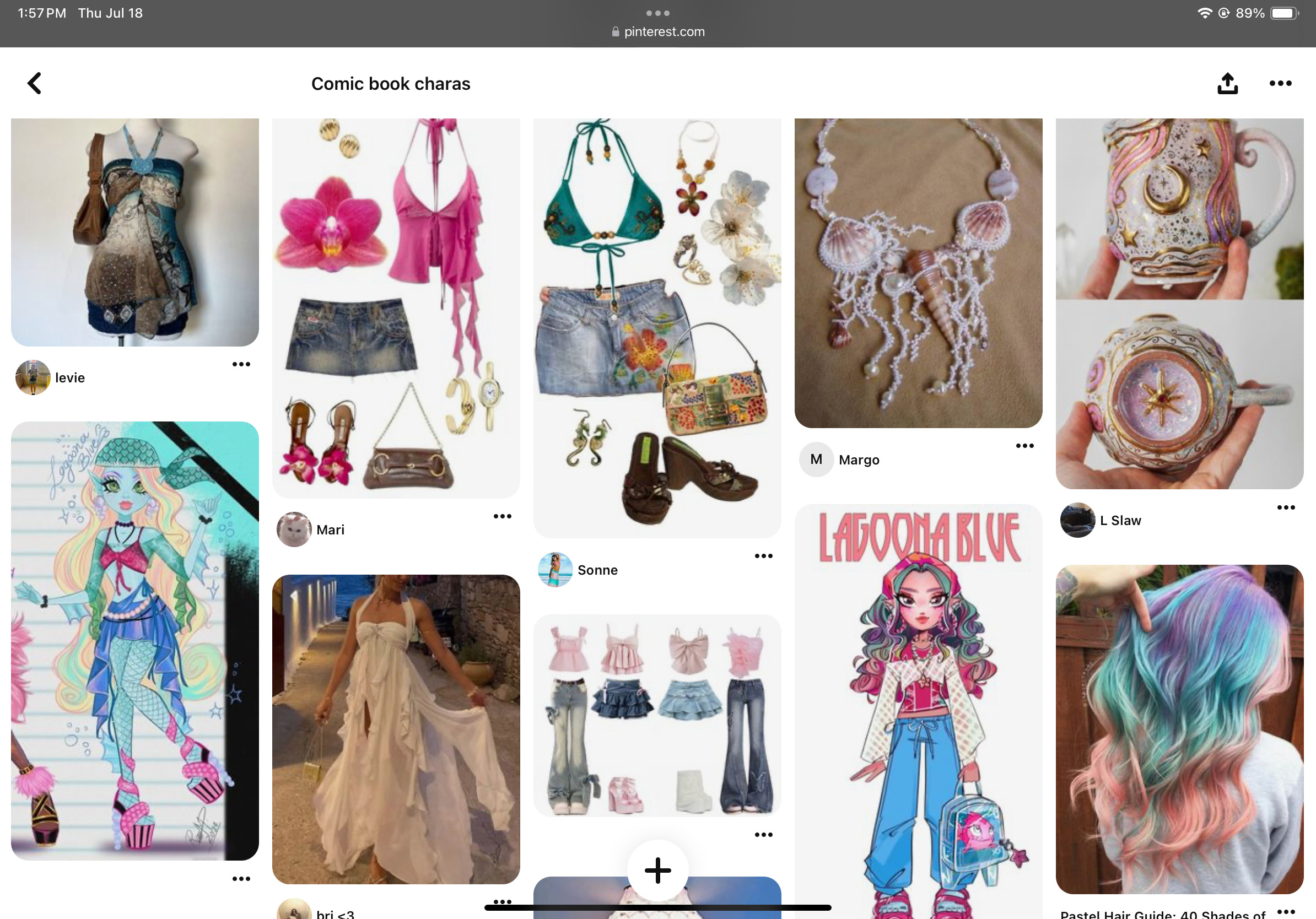 a screenshot of a pinterest board titled "comic book charas". the board features a collection of images, primarily of clothing and accessories, seemingly curated as inspiration for cosplay or character design. the images depict a mix of reallife clothing items, illustrations, and digital art, all with a vibrant and youthful aesthetic, possibly referencing y2k fashion and characters from the "rainbow high" doll line. two stylized illustrations of girls with large eyes and colorful hair are prominent on the board.