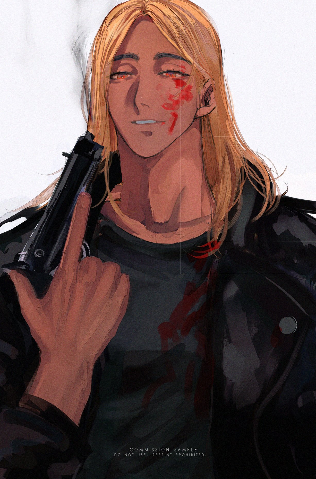 a digital portrait of a young anime man with long blonde hair, wearing a black jacket and holding a gun. he has blood on his face and seems to have a serious expression.