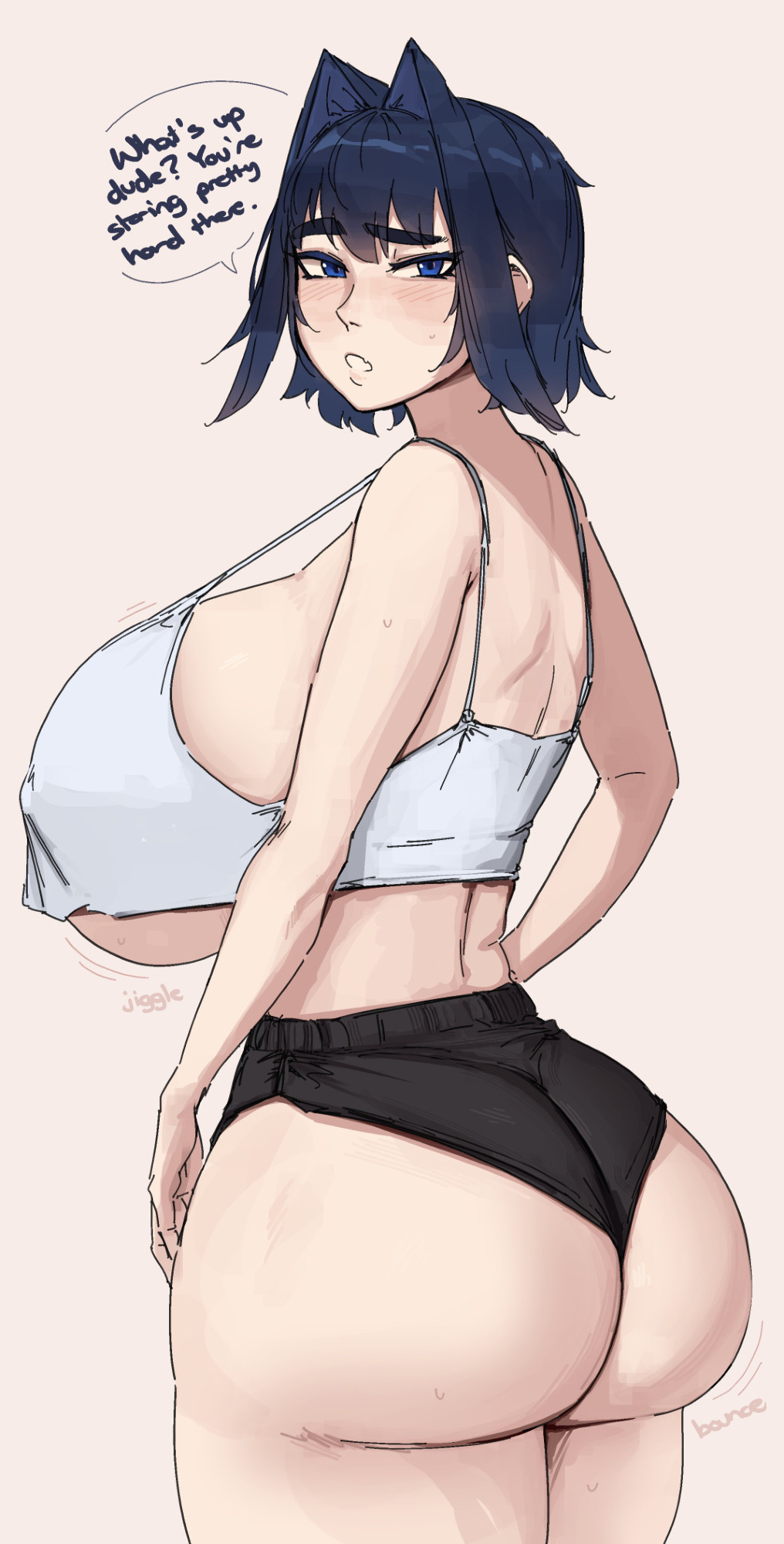 an animestyle drawing of a woman with cat ears wearing a sports bra and shorts. she has a speech bubble above her head that says "what's up dude? you're staring pretty hard there."