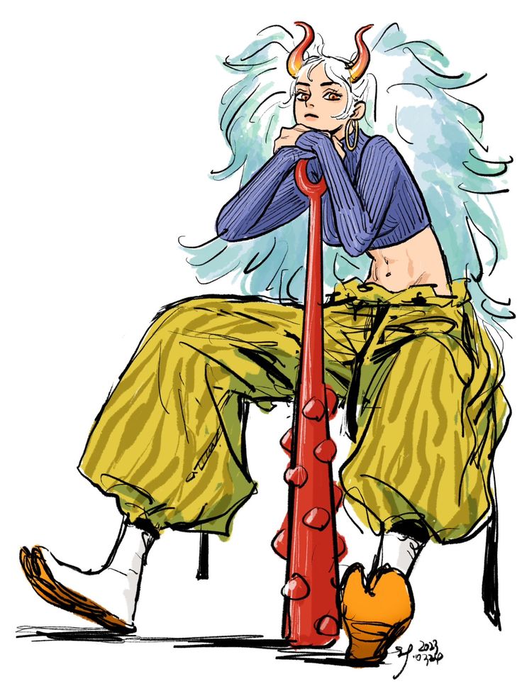the image is a vibrant digital illustration or fanart depicting a stylized female character. she possesses striking features including long, flowing white and blue hair, small red horns resembling those of an oni (demon) or similar mythical creature. she's casually dressed in a purple sweater, yellow and green striped loosefitting pants, and white socks with unusual footwear.  she's sitting and leaning on a large, red spiked baseball bat or club. the art style blends elements of anime/manga with a contemporary fashion illustration approach, using bold lines, color washes, and a slightly rough, sketched texture. the overall mood is stylish and slightly whimsical.