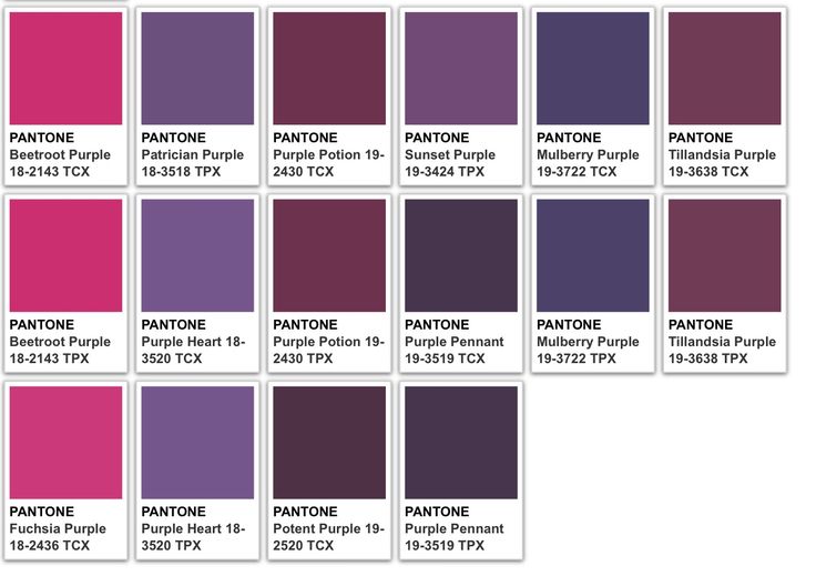 the image displays a collection of pantone color swatches in various shades of purple and magenta. each swatch is labeled with its pantone name and identification code. the swatches are arranged in a grid, showcasing a range of purple tones and variations.