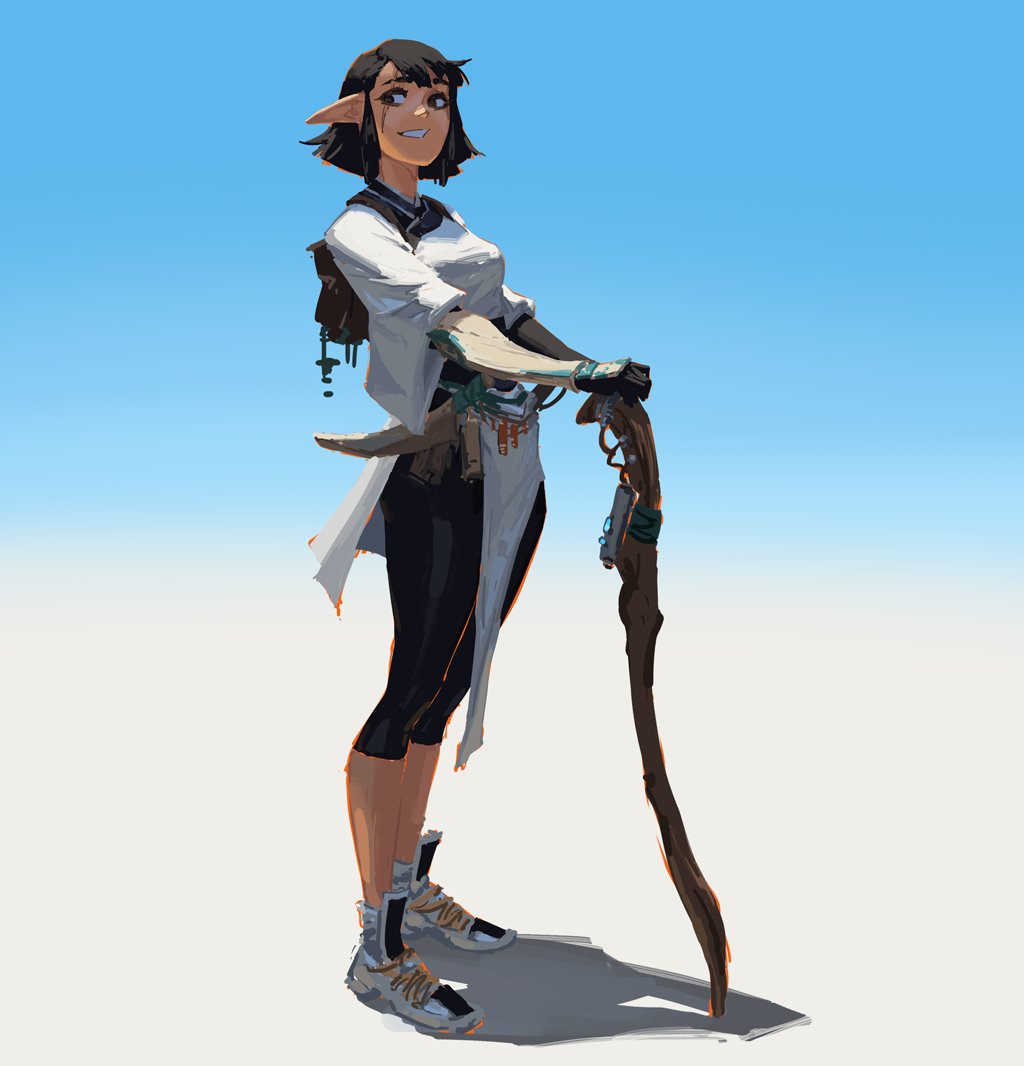 the image is a digital painting of a female elf character. she has short, dark hair, pointed ears, and is dressed in a relaxed yet stylish outfit: a long, loosefitting white coat over black leggings, and sneakers. she carries a staff with what appears to be a firearm attached to it and a backpack.  she's standing in a confident pose against a bright blue sky and lightcolored ground, suggesting a sunny, outdoor setting. the art style is painterly and slightly stylized, with visible brush strokes giving it a dynamic feel. the overall impression is one of adventure and whimsical fantasy.