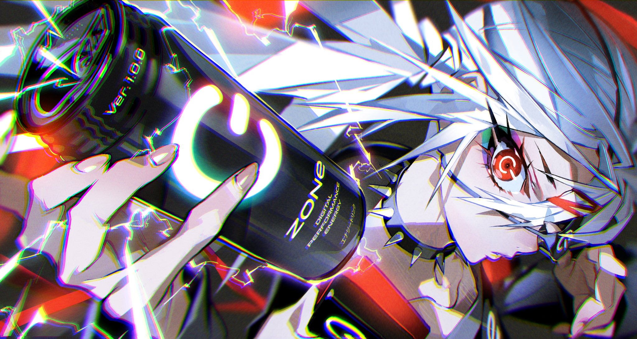 the image features a stylized illustration of an anime character with white hair and striking red eyes. the character is holding a black energy drink can labeled "zone," and their expression suggests excitement or intensity. the art style is dynamic and edgy, with sharp lines, vibrant colors, and a sense of motion.  the image also includes visual effects like lightning, adding to the overall energy.