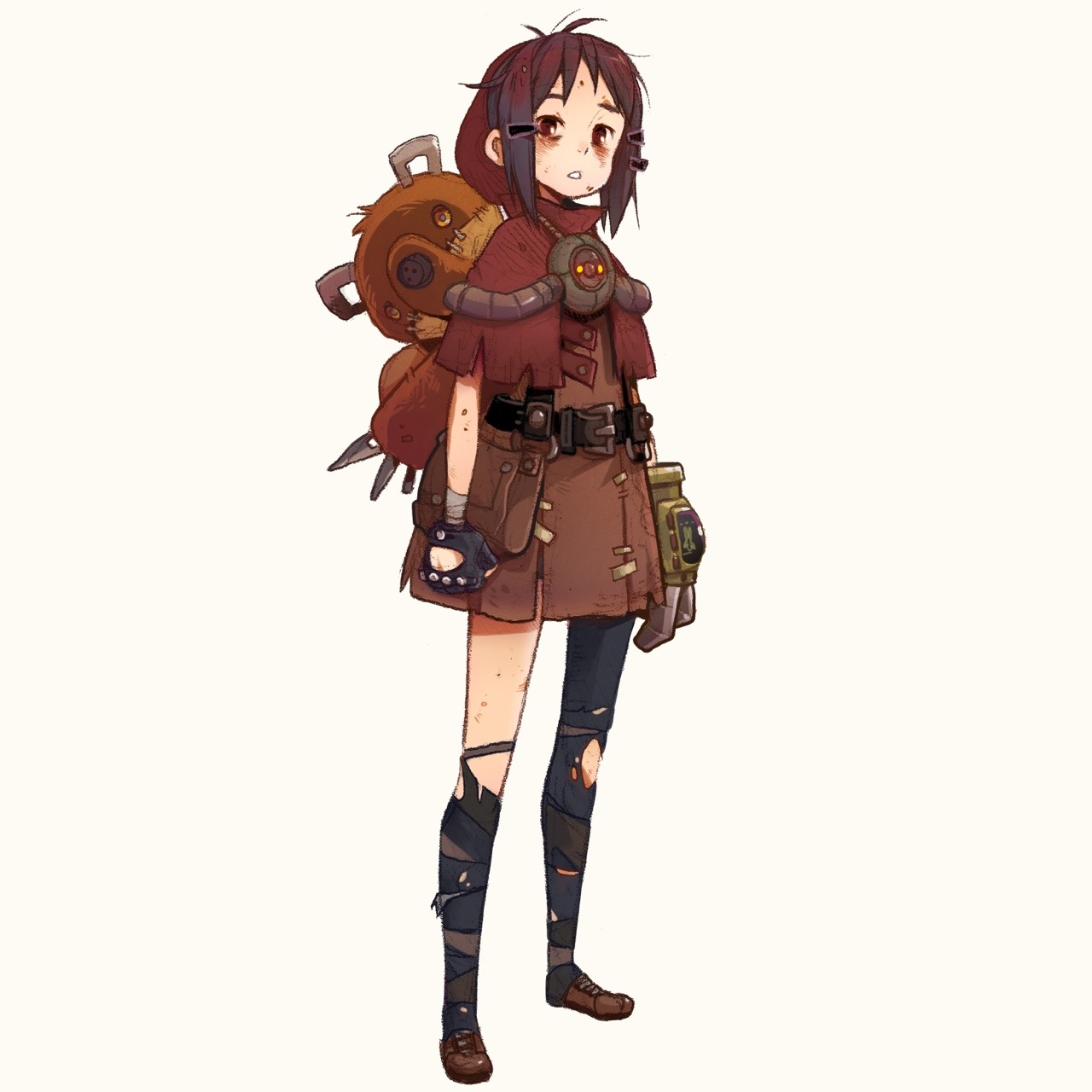 a young, determinedlooking anime girl stands against a white background. she's dressed in ragged, postapocalyptic clothing, including a red hood and torn leggings.  a utility belt and various pouches adorn her outfit, and she carries a large, mechanical backpack with a teddy bear head attached. her brown hair frames her concerned expression.  the overall style is cartoonlike with soft lighting.