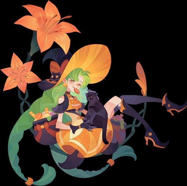 the illustration features a charming witch amidst a whimsical setting. dressed in a vibrant orange and yellow dress with a matching widebrimmed hat, she exudes a joyful aura. her green hair cascades down, adorned with playful catear accents on her hat.  a mischievous grin lights up her face as she enjoys a lollipop, her gaze directed at the viewer. nestled comfortably in her lap is a sleek black cat, adding to the enchanting ambiance. the backdrop showcases stylized lilies and swirling vines, enhancing the magical atmosphere. the scene is bathed in a soft, warm light, further emphasizing the whimsical and inviting nature of the illustration.