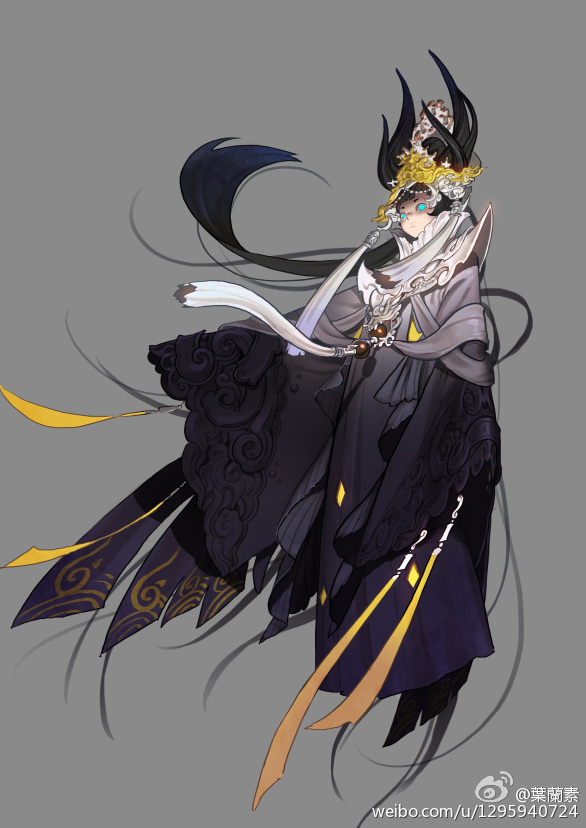 this is a digital art illustration of an anime girl with long black hair, wearing a black and white robe with gold accents. she has blue eyes and a serious expression. she is wearing a crown with horns and holding a long, flowing yellow ribbon. the background is a simple grey.