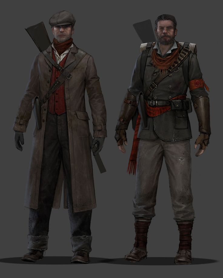 the image presents concept art of two male characters, likely for a video game set in a historical, possibly wild west or similar setting.  the character on the left is dressed in a long, dark brown overcoat, a newsboy cap, and carries a rifle. his attire suggests a civilian, possibly a hunter or traveler. the character on the right is dressed in a more structured, dark greybrown militarystyle uniform with a red bandana,  and also carries a rifle. he appears to be a soldier or part of a rebel group.  both characters have a slightly rough, livedin appearance, consistent with a gritty setting. the art style is realistic, with attention to detail in clothing and texture. the background is a simple, neutral grey, focusing the viewer's attention on the characters themselves.