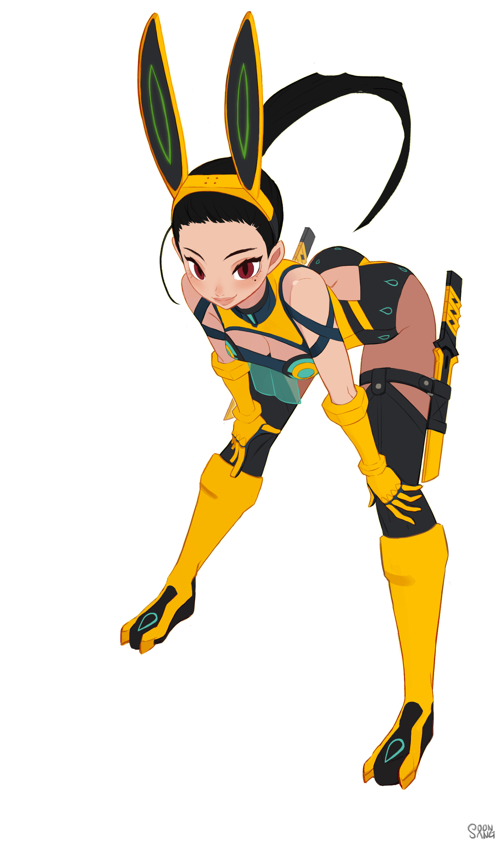 the image features a female character with a bunny girl aesthetic, dressed in a futuristic yellow and black bodysuit. she's armed with swords holstered on her thighs and strikes a confident pose, gazing directly at the viewer. her outfit includes distinct details like pawlike shoes and glowing green accents. the background is a clean white, emphasizing the character's design.