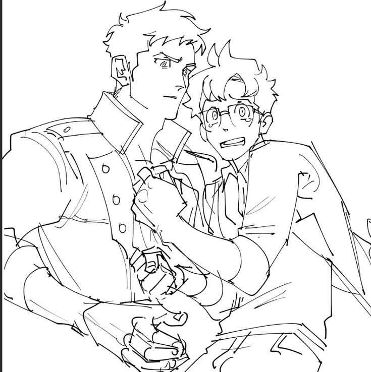 the image is a black and white line drawing of two men embracing. the man on the left appears larger and more muscular, with a stern expression.  the man on the right is smaller and seems more distressed, his face showing worry or fear.  his glasses are visible. the style is loose and sketchy, suggesting a quick, expressive drawing rather than a finished artwork. the lines are dynamic and capture the emotion of the scene. the drawing implies a close, intense moment between the two characters.