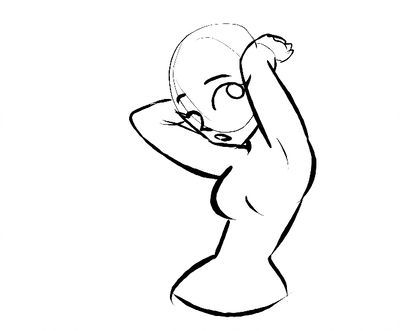 a line drawing of a woman with her arm raised above her head, in a simple outline style.