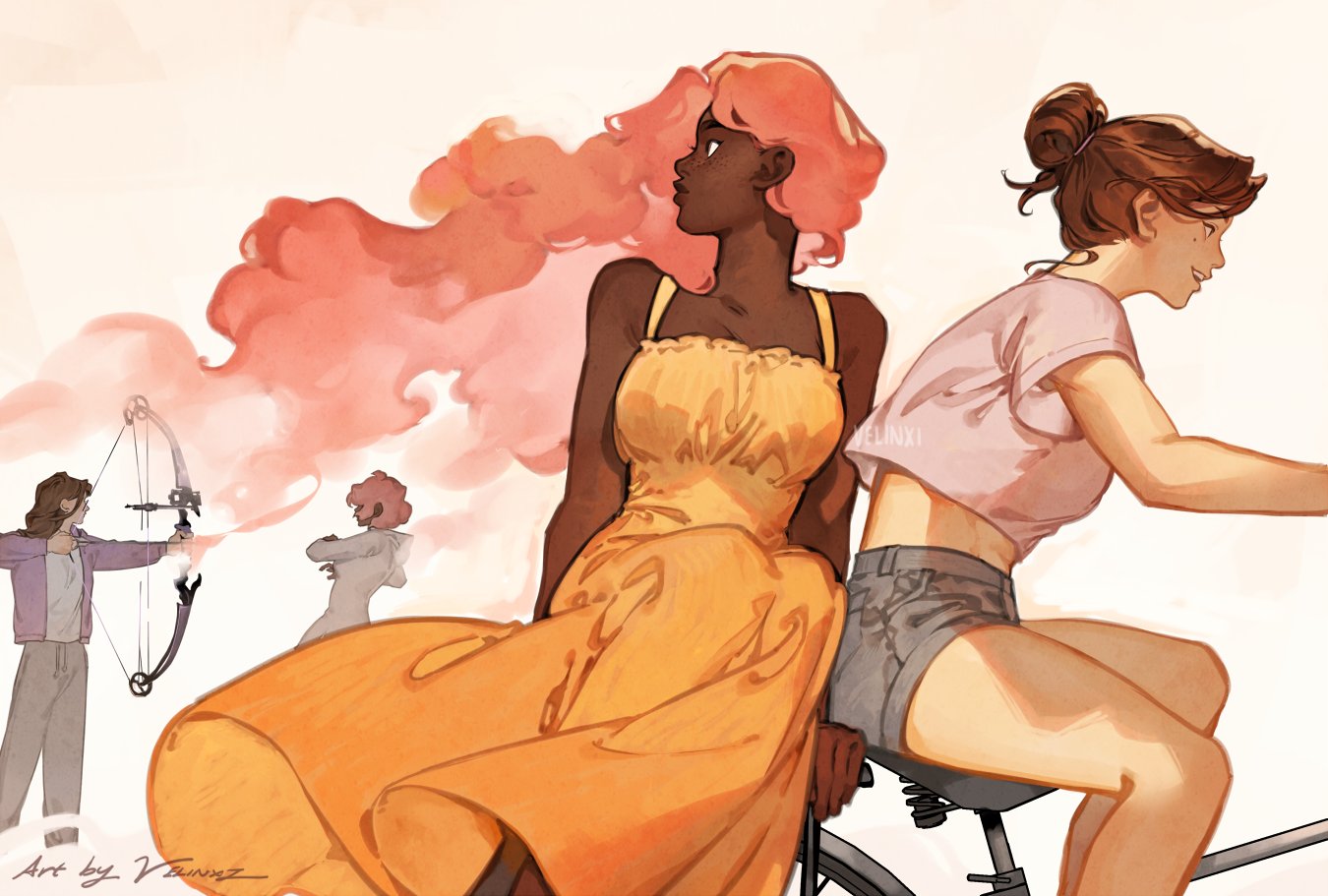 an illustration showing two women: one is riding a bicycle and the other is sitting behind her. the woman on the back is wearing an orange dress and has pink hair. another illustration of two women, one is shooting an arrow with a bow.