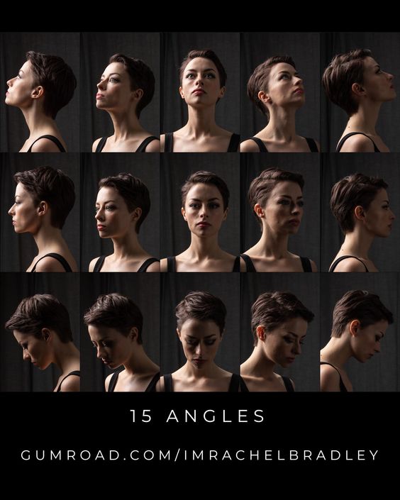 the image is a grid of 15 black and white portraits of the same woman, each showing a different angle of her head and face. the background is dark and the lighting is dramatic, creating a sense of depth and dimension. the photos are arranged in three rows of five, and the text "15 angles" and "gumroad.com/imrachelbradley" is superimposed on the bottom of the image.