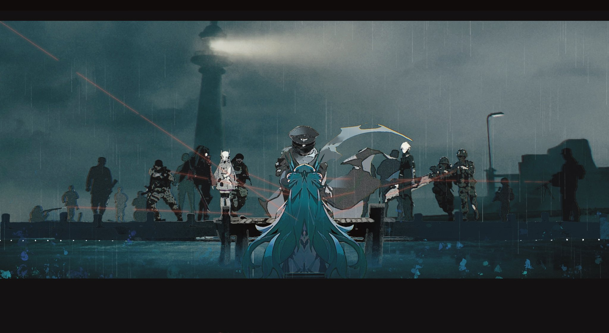the image portrays a tense standoff on a rainswept dock, illuminated by dramatic spotlights and the faint glow of a distant lighthouse.  numerous soldiers, rendered in a stylized anime aesthetic, stand poised for battle.  at the center, a female character with long teal hair faces the viewer, her back turned to a shadowy figure wielding a large, scythelike weapon.  the dark and moody atmosphere, combined with the militaristic imagery, creates a sense of impending conflict and high stakes.