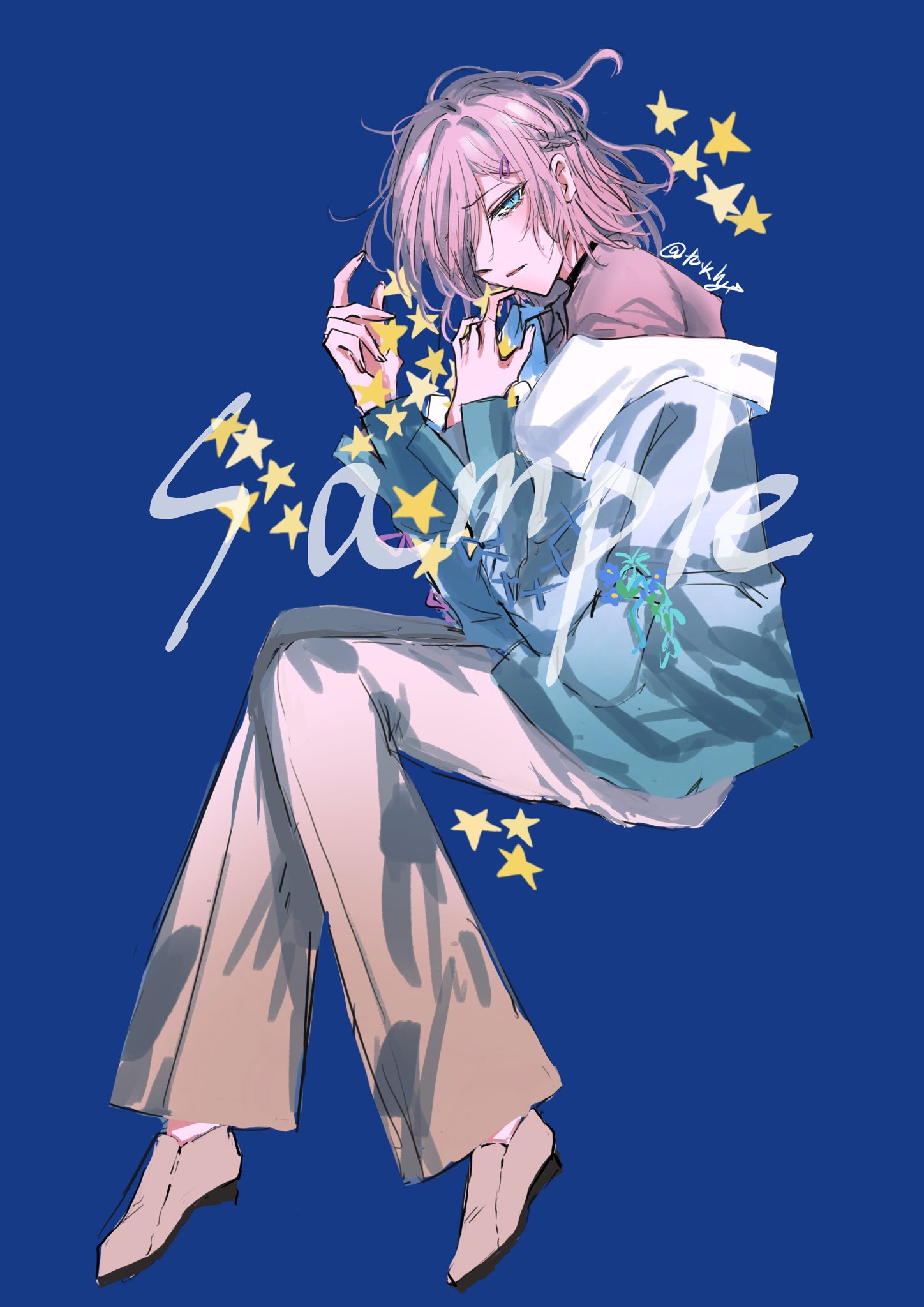 an anime character with pink hair and blue jacket with white shirt is sitting with his legs spread out and floating in the air. he has stars around him and a "sample" text with stars is on the image. the sky is a blue night. the image is artwork.