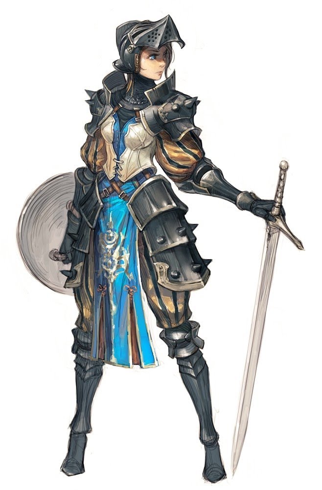 a digital illustration of a woman in full plate armor, she's standing with her sword in her right hand and a shield in her left.  she's got a blue and gold patterned skirt and dark colored armor.  she has a helmet on but you can still see her face, she looks serious and focused.  the image is rendered in a style reminiscent of medieval and renaissance art.