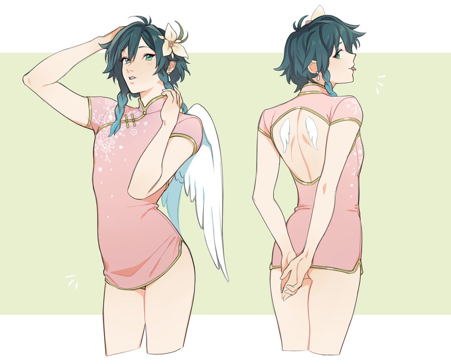 the image features two views of the anime character venti from genshin impact. on the left, venti is seen from the front, posing with a hand on his head. he is wearing a short, pink dress adorned with white flower patterns and trimmed with gold. a large white wing extends from his back. his teal hair is styled with braids, and a white flower is pinned to his head. on the right, venti is depicted from the side and back, showcasing the openback design of the dress and small white wings on his back. his hands are clasped behind him. both figures are set against a light green background.