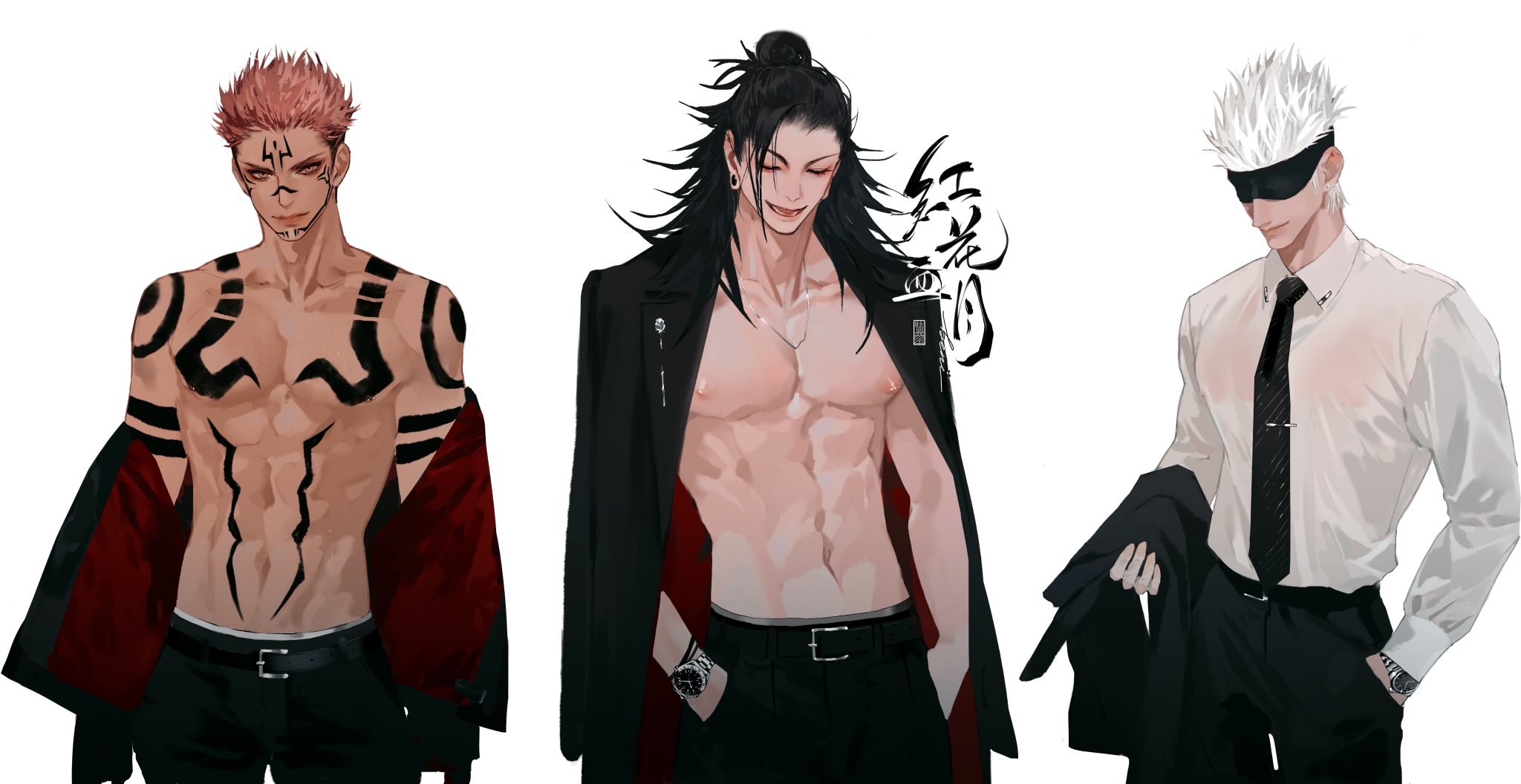 this is an illustration of three anime men with different styles and fashion. the first man has pink hair and tattoos, is wearing a red and black jacket, and has an intense expression. the second man has long black hair and is wearing a black jacket with his shirt open, revealing his muscular physique. the third man has white hair and is wearing a white shirt and black tie, he is holding his black jacket and has a serious expression. they all look stylish and confident.