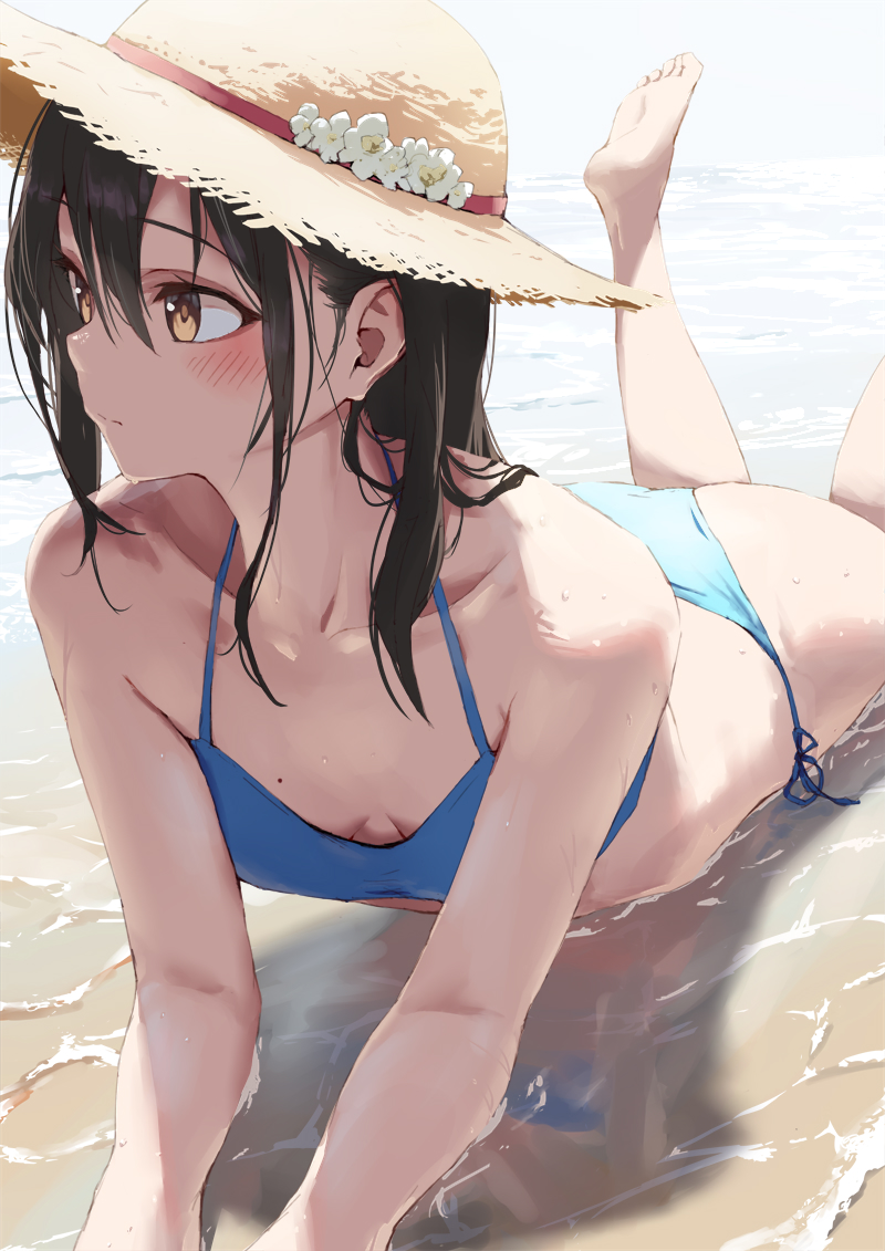 he image is a digital painting of an animestyle girl lying on a beach. she is wearing a straw hat adorned with small white flowers, a blue bikini, and has long dark hair. the girl has a slight blush on her cheeks and appears to be relaxed and happy. the ocean is visible in the background, and the sand is wet around her.  the style is reminiscent of anime and manga illustration. the overall mood is serene and summery.