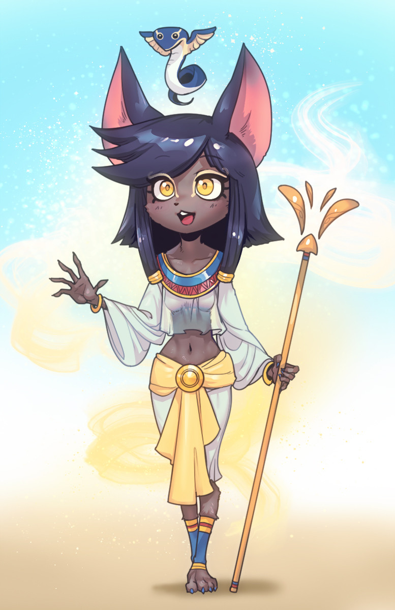 a drawing of a cute, anime style egyptian cat girl in a white and yellow robe. she has cat ears and a cat tail, and is holding a golden staff with a blue and yellow symbol at the top. a blue and yellow snake with wings is perched atop her head. she is smiling and looking at the viewer, her expression is happy. the background is a light blue and yellow gradient with some clouds.  the overall art style is cartoonish and whimsical.