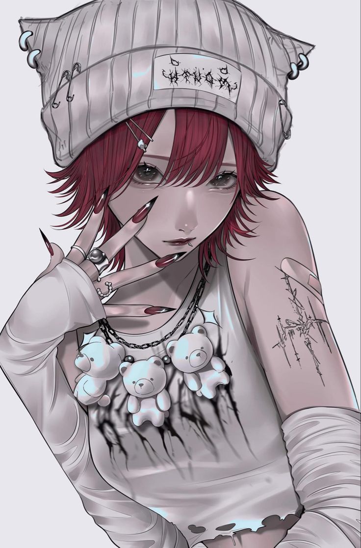 the image is an illustration of an anime girl with bright red hair styled in a bob. she's wearing a light gray beanie with safety pins, a white tank top with a dark graphic featuring teddy bears and chains, and long white gloves. she has dark, sharp nails, and a tattoo on her arm.  her expression is somewhat sullen and serious. the overall aesthetic is a blend of pastel goth and edgy styles. the art style is clean and detailed, with soft shading and a muted color palette.
