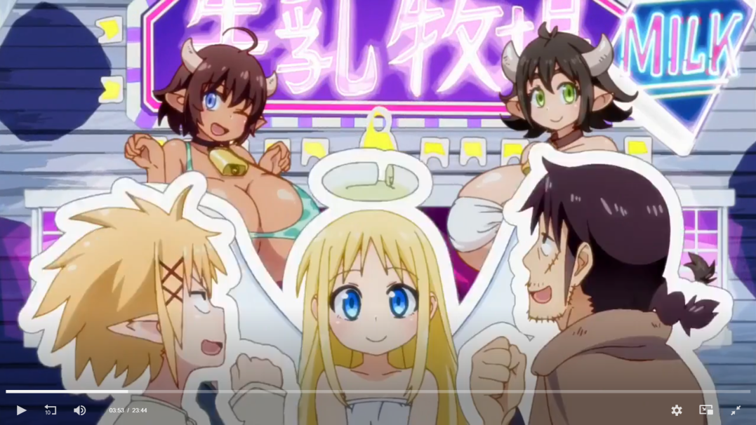 the image shows 4 animated characters in a fantasy setting. the characters are all smiling. one is a young girl with blonde hair and a halo on her head. she's dressed in a white dress. to her right, is a male character, with dark hair and beard. he's wearing a brown coat.  to the left of the girl, is a young girl with blond hair and pointy ears. she's wearing a blue and white shirt. above the blond girl are two girls with cow ears and horns. one girl has brown hair and wears a white dress and a gold necklace. the other girl has brown hair and wears a light blue and white dress.  they are all on a cartoon background with a purple sign that says "milk" on it.