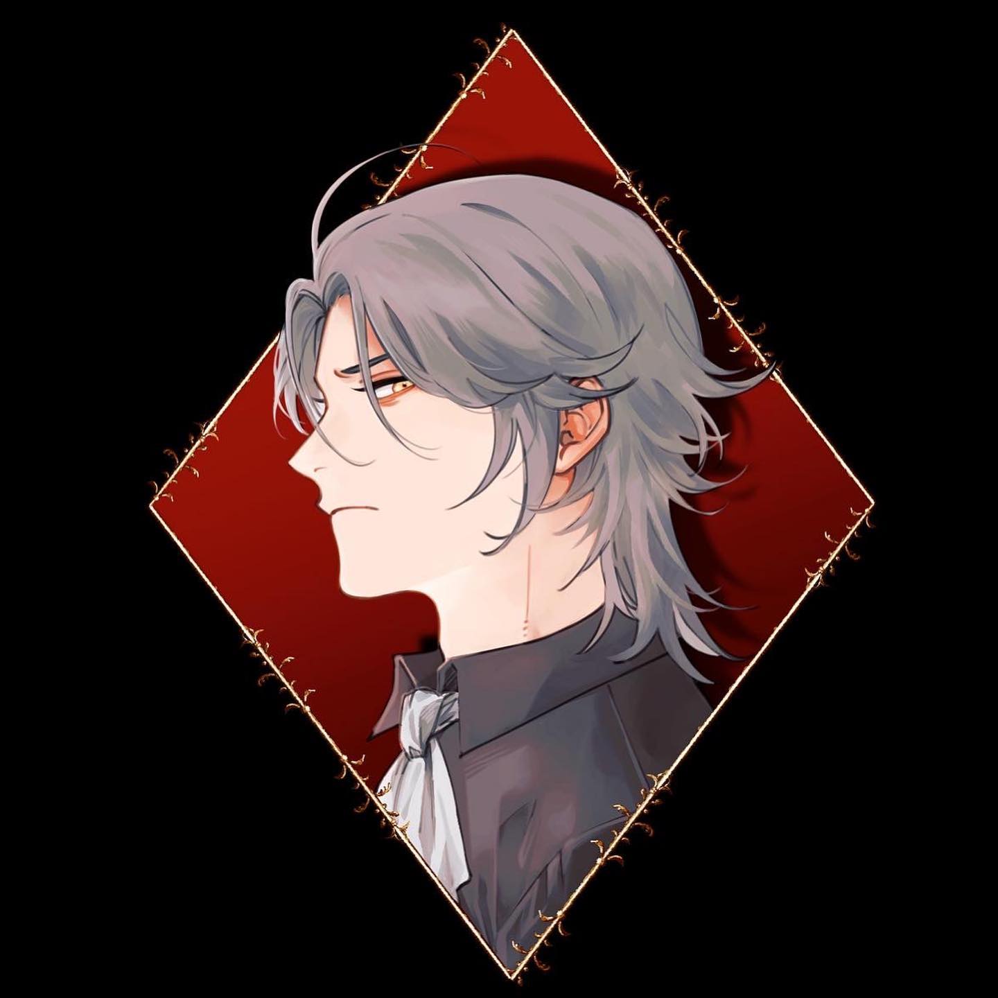 the image is a digital illustration of a stylized anime or manga male character. he has long, grey hair, and is depicted in profile view, looking to the left. his expression is serious and somewhat brooding. he's dressed in dark, formal attire, including a dark jacket and a white cravat or neckcloth visible at the collar. the character is framed within a diamond shape with a red background and ornate golden accents along the diamond's edges.  the overall aesthetic is elegant and mysterious, suggesting a character of some importance or intrigue.